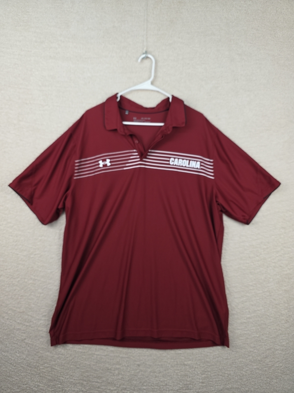 Under Armour Maroon Polo with White Stripes and Carolina Chest Logo 2XL